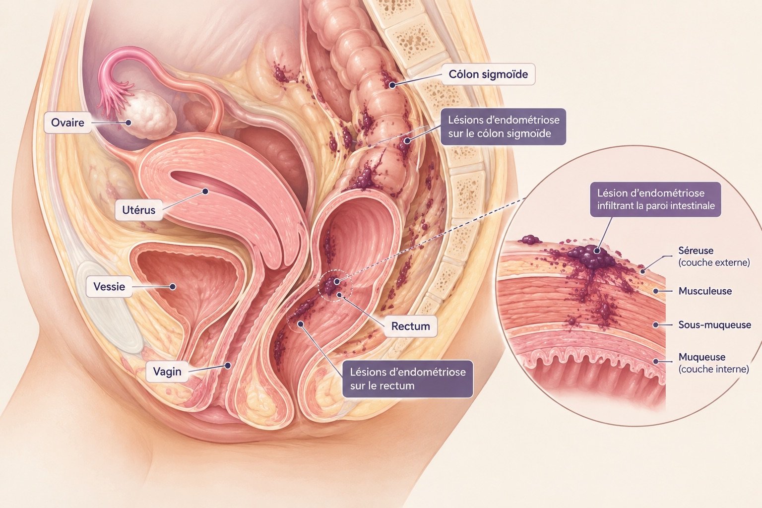 Schéma d’une endométriose digestive touchant le rectum et le sigmoïde