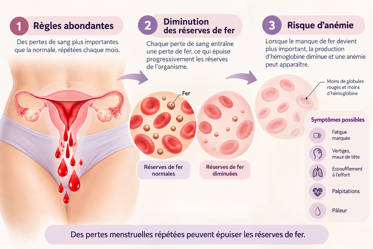 Illustration des règles abondantes pouvant entraîner une carence en fer et une anémie